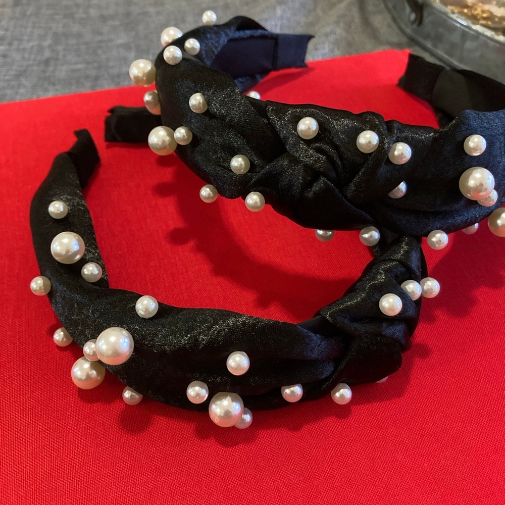 Black satin pearl headband